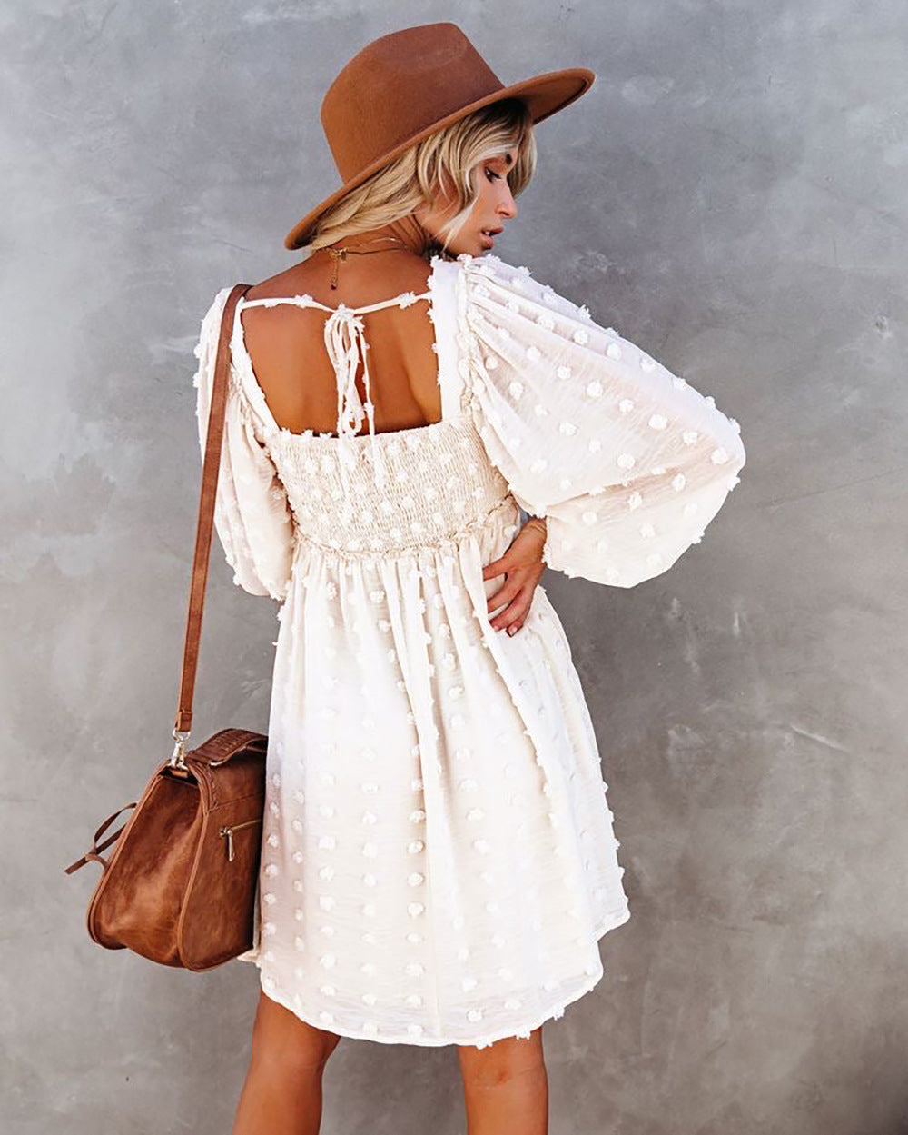 Square Collar Chiffon Polka Dots Short Lantern Sleeve Dress