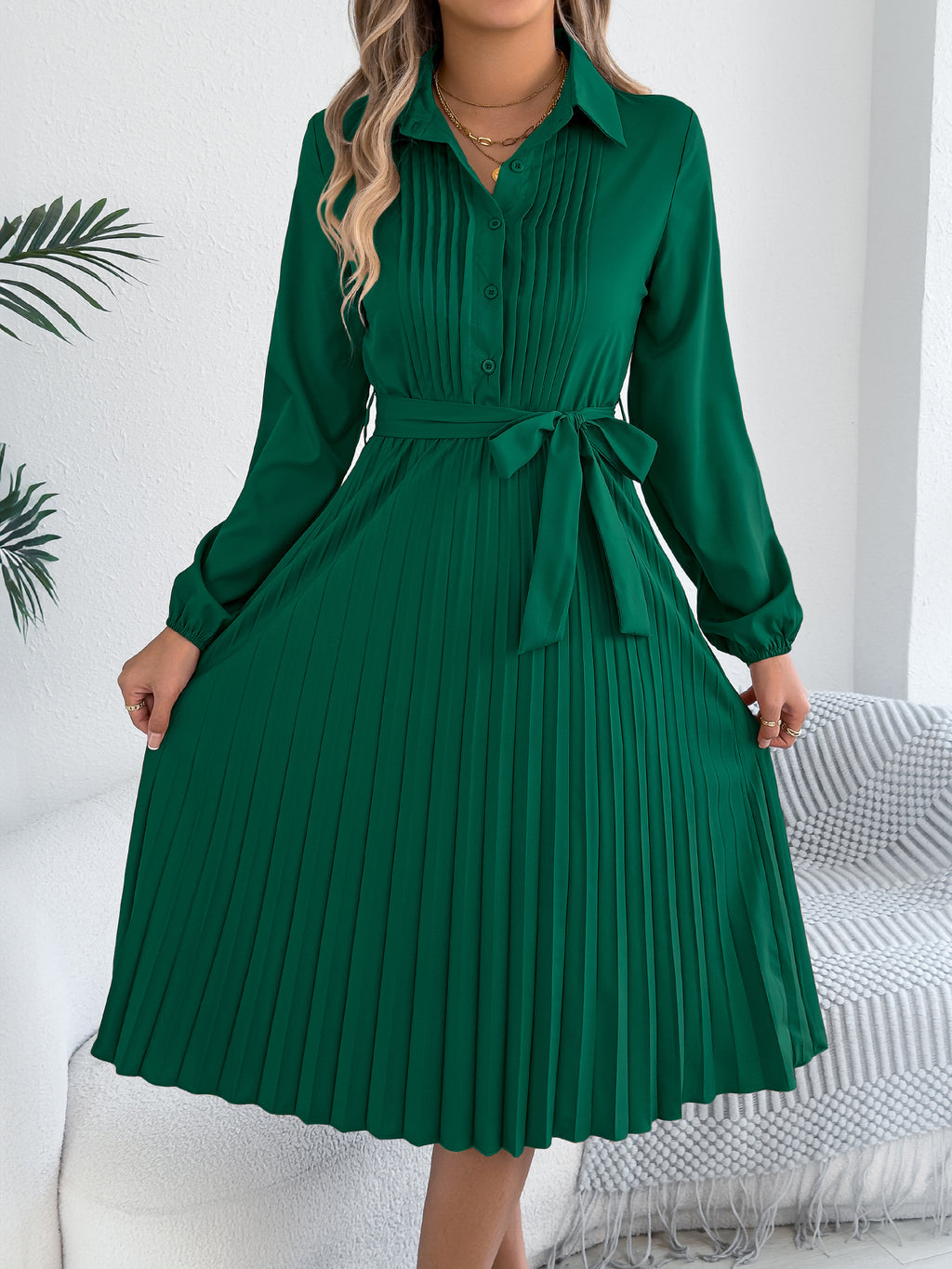 Spring Summer Elegant Solid Color Collared Long Sleeve Cinched Pleated Dress Women Clothing