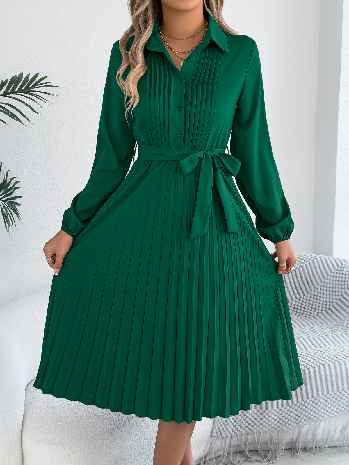 Spring Summer Elegant Solid Color Collared Long Sleeve Cinched Pleated Dress Women Clothing