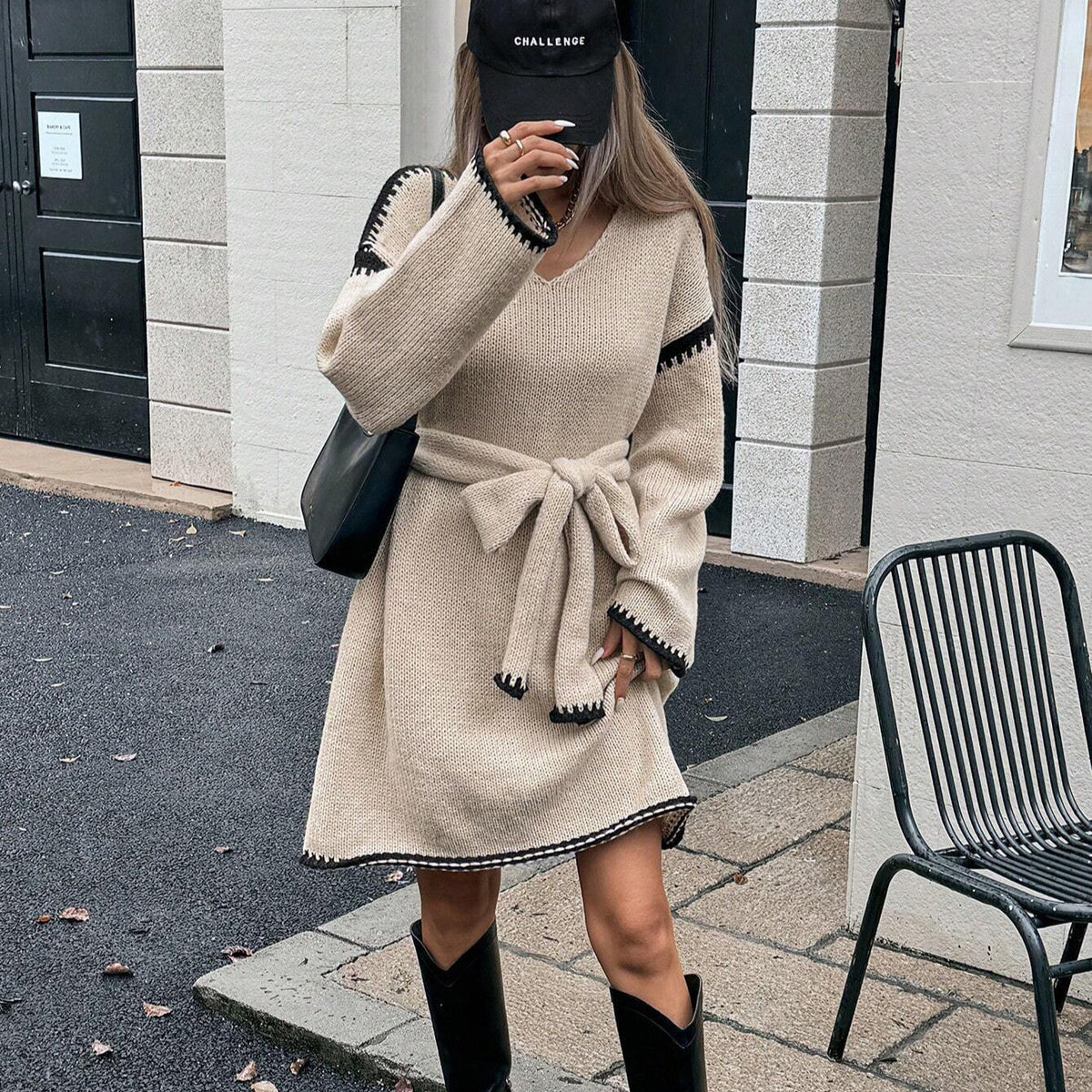 Idle Tie Waist Trimming Loose Knitted V neck Long Sleeve Fall Mid Length Dress Women