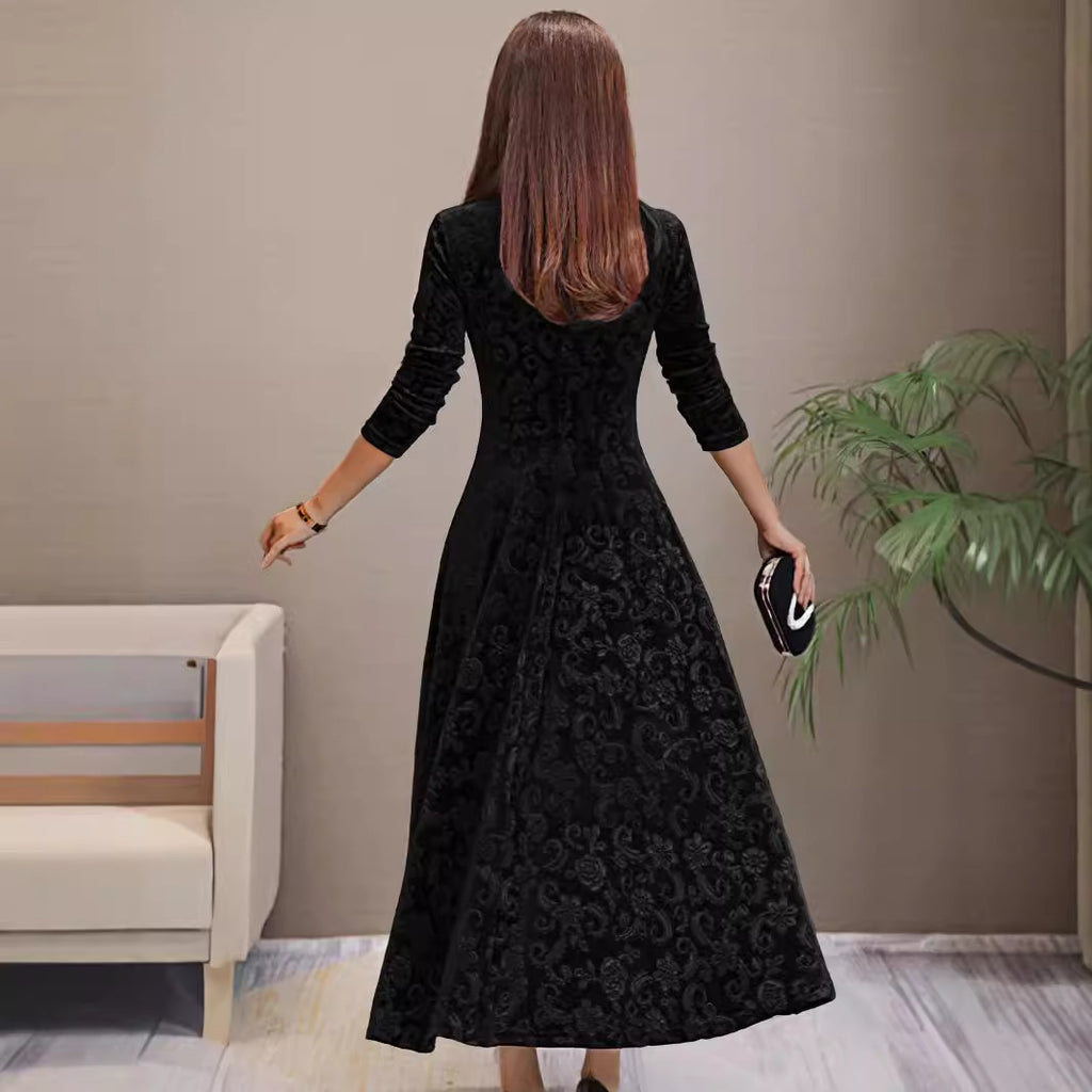 Spring Autumn Elegant Dress Velvet Mid Length Dress for Women