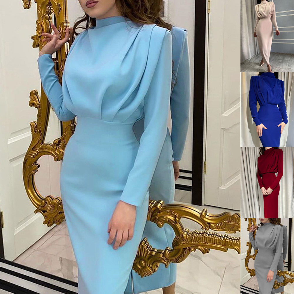 Autumn Waist-Controlled Western Solid Color Long Sleeve Dress