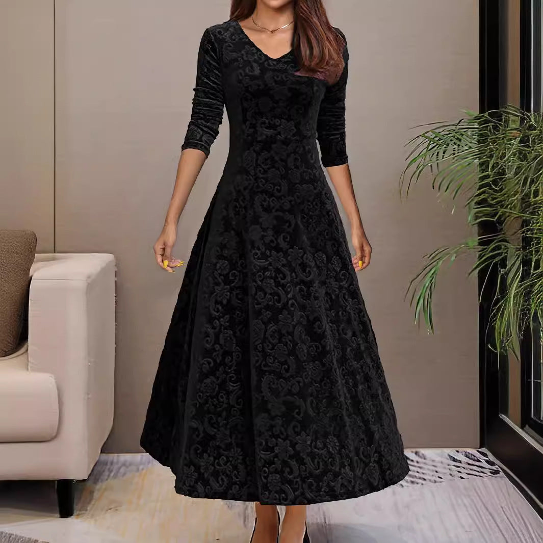 Spring Autumn Elegant Dress Velvet Mid Length Dress for Women