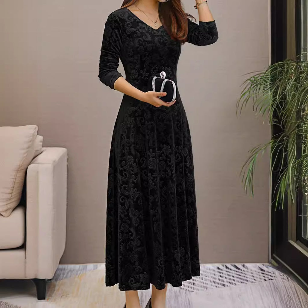 Spring Autumn Elegant Dress Velvet Mid Length Dress for Women