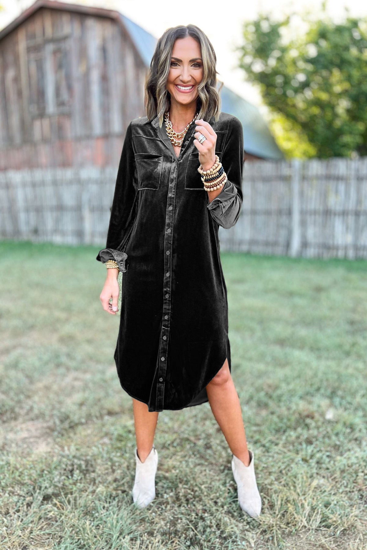 Casual Loose Shirt Velvet Pocket Stitching Irregular Christmas Long Sleeve Dress