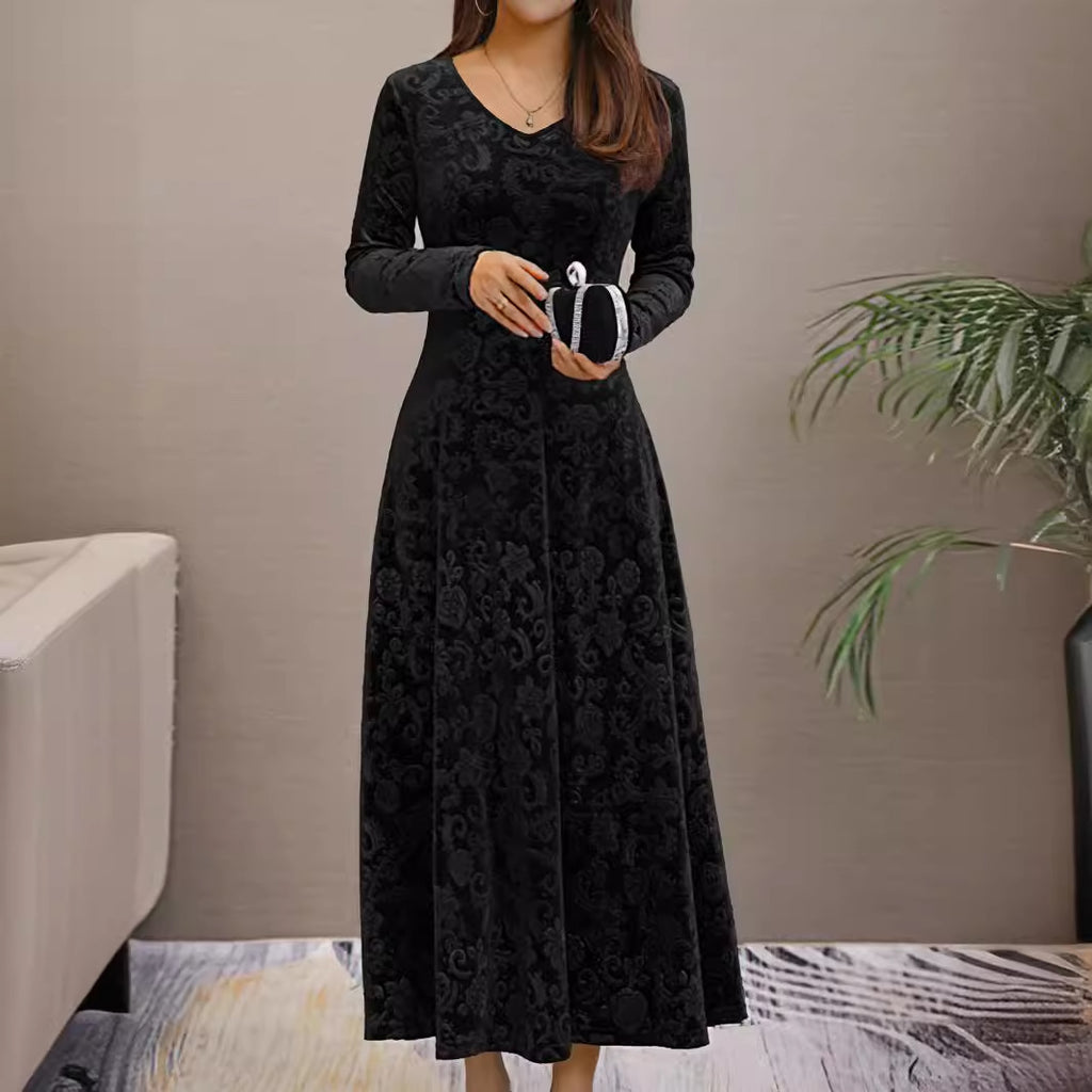 Spring Autumn Elegant Dress Velvet Mid Length Dress for Women